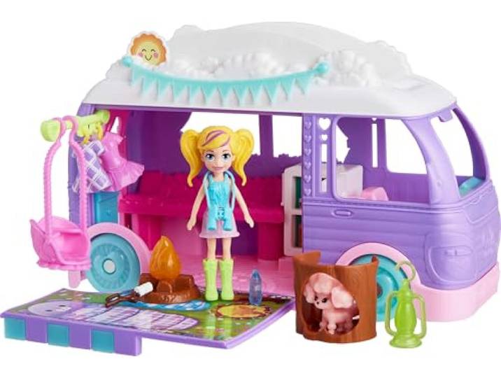 Polly Pocket Poppen- en huisdierspeelset, reisspeelgoed met camping- en voedselaccessoires, glamping-camper
