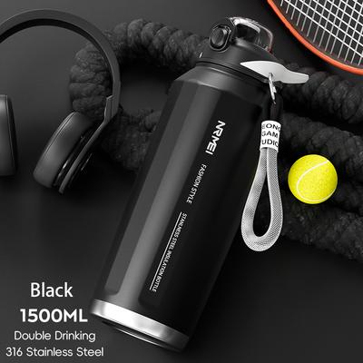 All Categories Goods Large Capacity Stainless Steel Thermos Bottle, One Button Open Water Bottle With Rope, Outdoor Sport Vacuum Flask black 1500 Ml