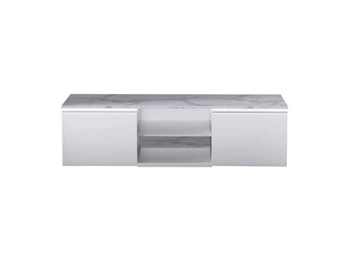 CHRIS WHITE - Meuble TV Blanc Laqué Brillant Plateau Imitation Marbre avec Led