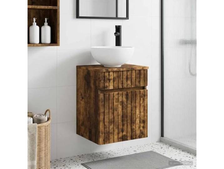YUTAASU Wandmontiertes Waschbecken-Schränkchen Geräucherte Eiche Holzwerkstoff, Schubladen, Platzsparend, Modernes Design, Für Kleine Bäder