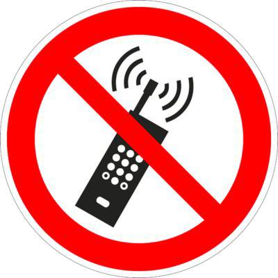 moedel Verbotszeichen „Eingeschaltete Mobiltelefone verboten“, nach ISO 7010 P013, Folie selbstklebend, Ø 200 mm