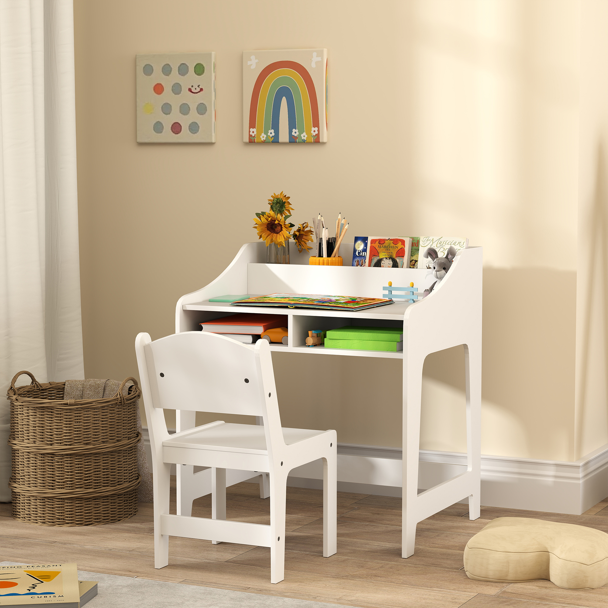 Aiyaplay Set Scrivania e Sedia per Bambini 3-8 Anni con Scomparti e Ripiani Aperti, Bianco   Aosom Italy