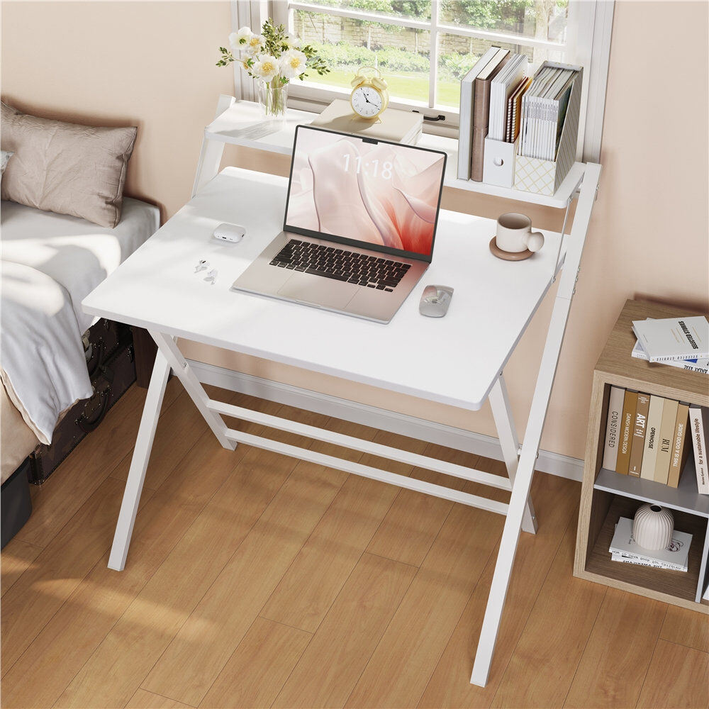 17 Stories 2-Tier Foldable Computer Desk White 90cm. H x 86.5cm. W x 60.5cm. D