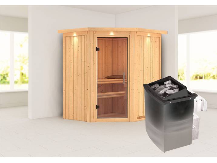 Sauna KARIBU »Liyah« mit Klarglastür und Dachkranz , beige (naturbelassen), Saunaofen, integrierte Steuerung, (ohne Ofen), Saunen, Sauna, in verschiedenen Ausführungen erhältlich