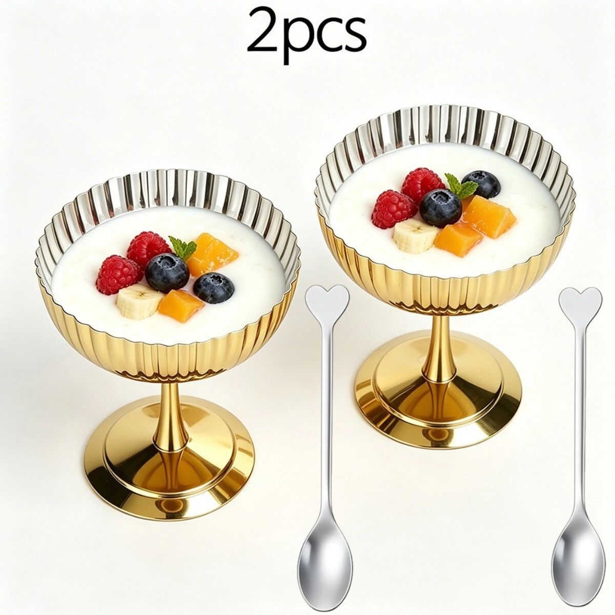 INF Lot de 2 coupes à glace dorées en acier inoxydable 304 avec pied haut, rayures verticales et cuillères