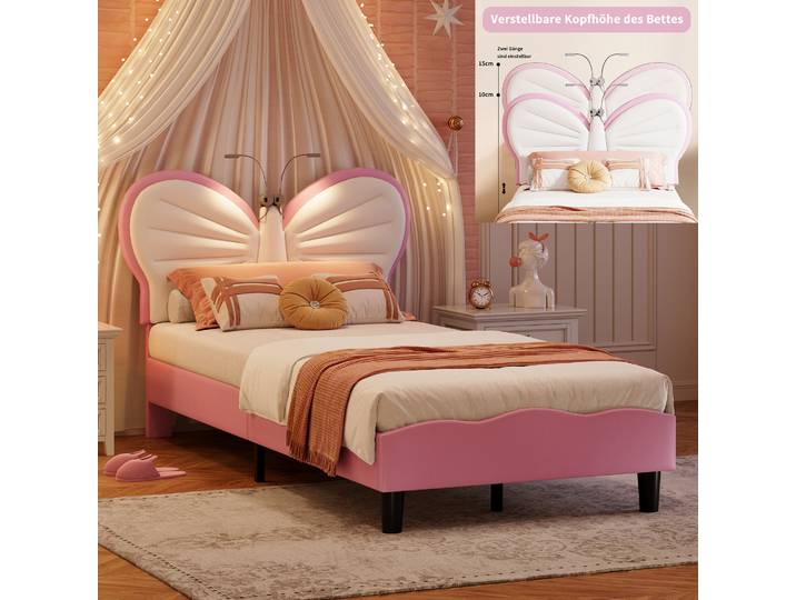 Rosahqnda – support de lit pour enfants, 90x200cm, tête de lit réglable légère, coussin de lit papillon, lit simple pour filles