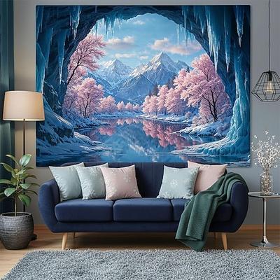 3D-Wandteppich mit Eishöhle, Winterlandschaft, rosa schneebedeckten Bäumen, Bergsee-Spiegelung, Naturkunst, ästhetischer Hintergrund für Wohnzimmer und Schlafzimmer