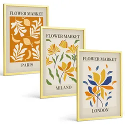 BILDER SET 3er Set - 40x60 cm Goldrahmen - Blumenposter Paris Mailand London