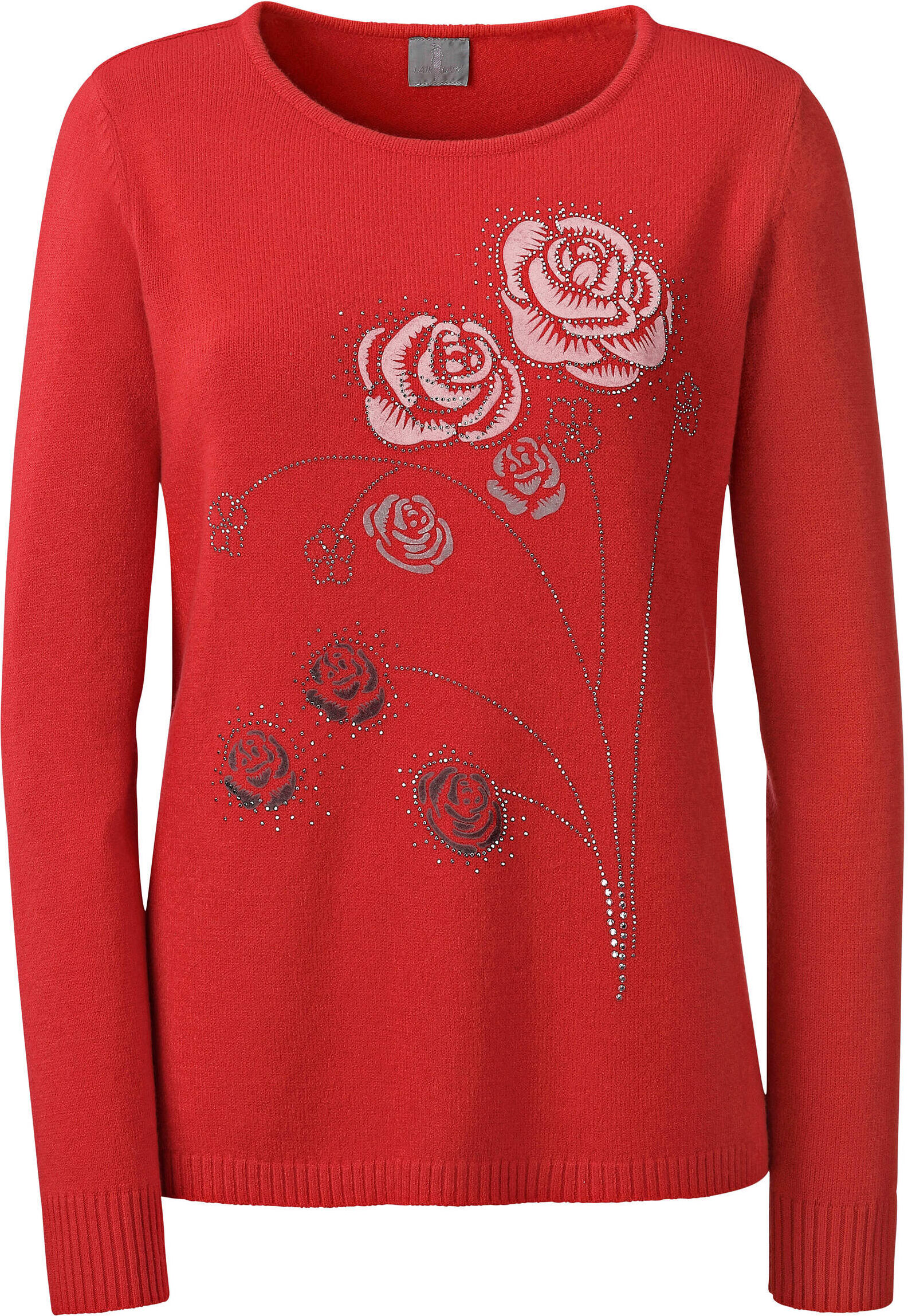 Longpullover WITT "Pullover Rundhalspullover mit Flockprint", Damen, Gr. 38, rot, Elegant, Rundhals, Pullover Longpullover
