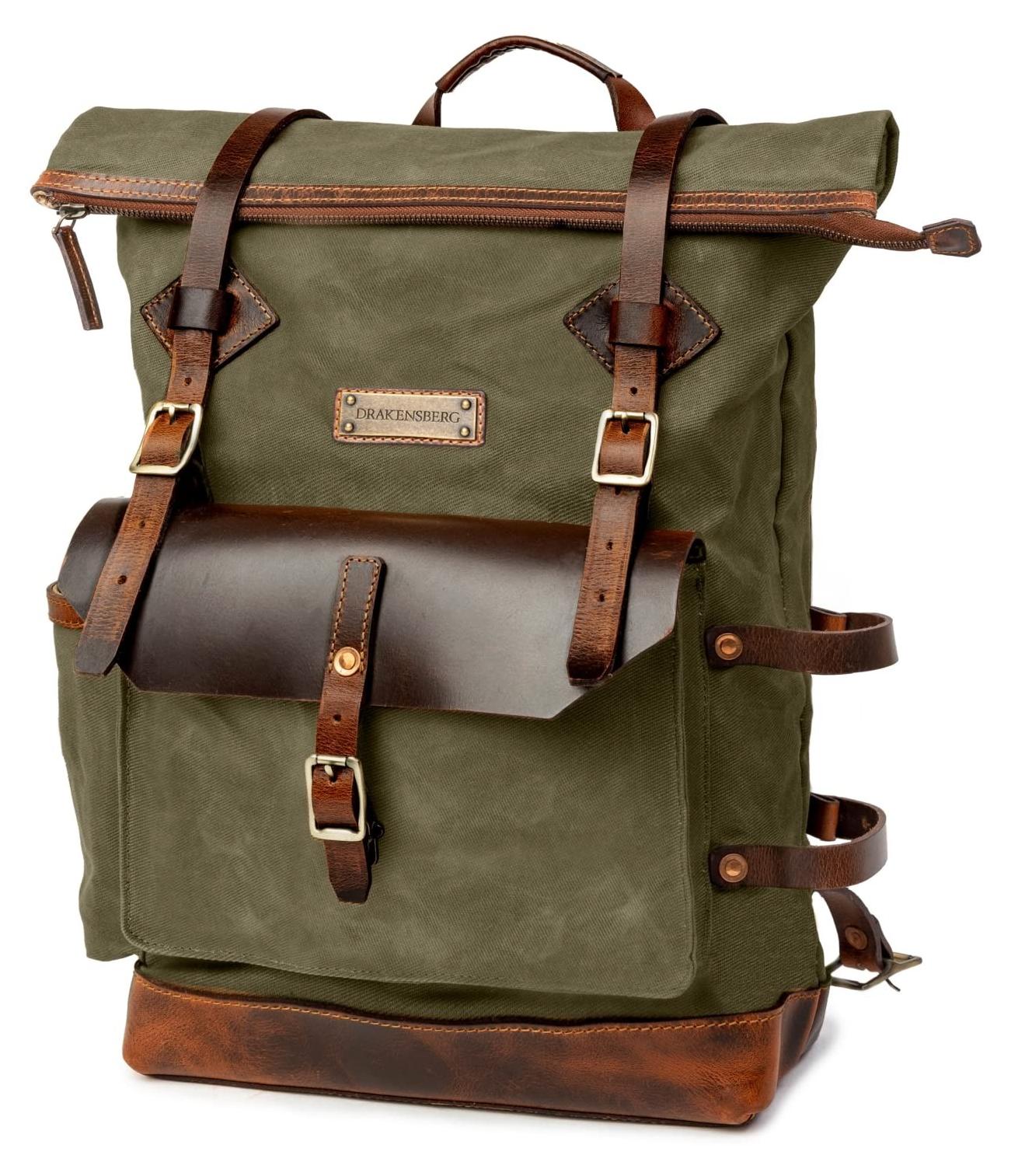 Rolltop Rucksack 'Adam' aus gewachstem Canvas mit Leder, Wasserabweisend