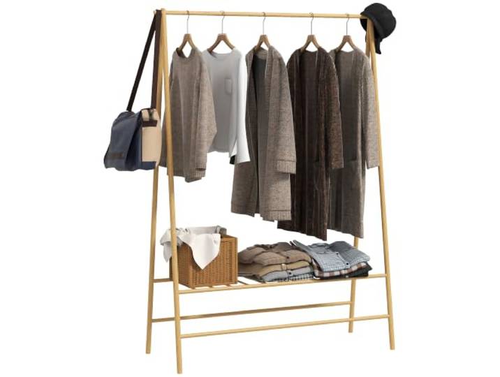 HOMCOM Kleiderständer mit Ablagen Haken Kleiderstange aus Bambus Naturholz Garderobenständer, Garderobe, für Schlafzimmer, Ausstellungen, Waschküche