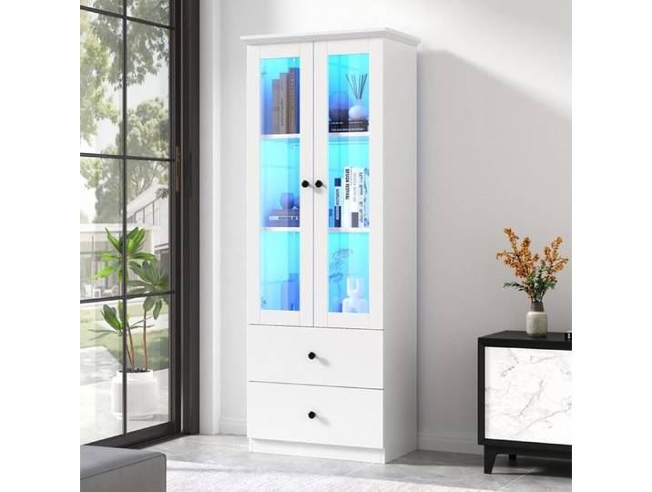 Vitrine LED - 165cm - 16 Couleurs - Verre Trempé - Étagères Réglables - Design Blanc Mat