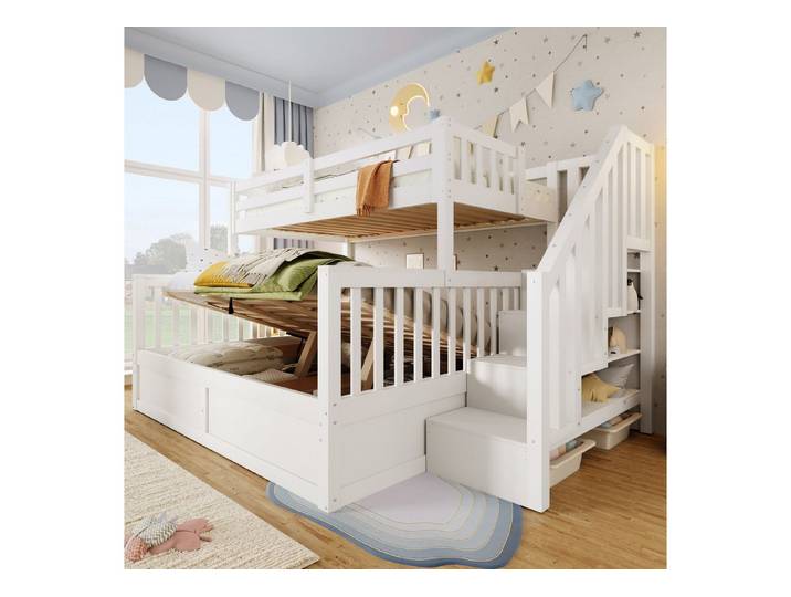 HAUSS SPOLE Etagenbett 90/140x200 Stockbett Schlafebenen mit Stauraum Ablageleiter Weiß (Kinderbett mit unabhängige obere und untere Bettrahmenkonstruktion, Enormer hydraulischer Stauraum), mit erhöhten Sicherheitsgeländern