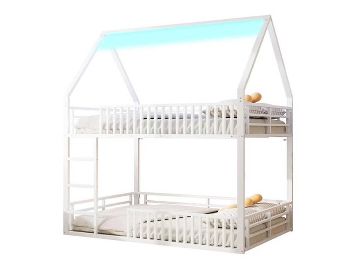 Okwish Etagenbett 140/200 cm weiß aus Metall mit Hausdach und Led, Weiß, 140x200 cm, Babymöbel & Kindermöbel, Kinderzimmer & Jugendzimmer, Stockbetten