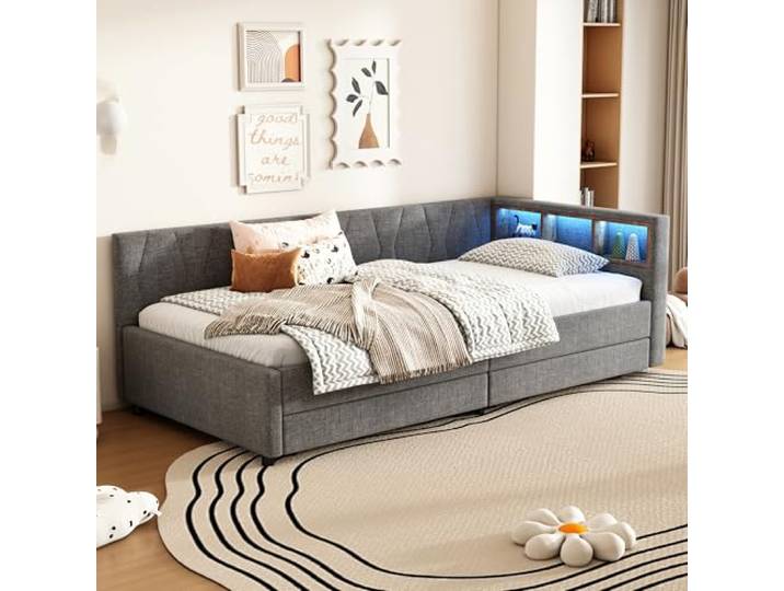 Merax Schlafsofa Tagesbett 90x200 cm mit Zwei Schubladen, LED-Lichtstreifen, USB+Type-C, Ablagefach am Bett, Bettrahmen mit Lattenrost (ohne Matratze), Leinen, Grau