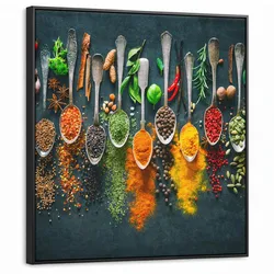 LEINWAND Bilder mit Rahmen - Kräuter - Gewürze - Löffel - 90x90