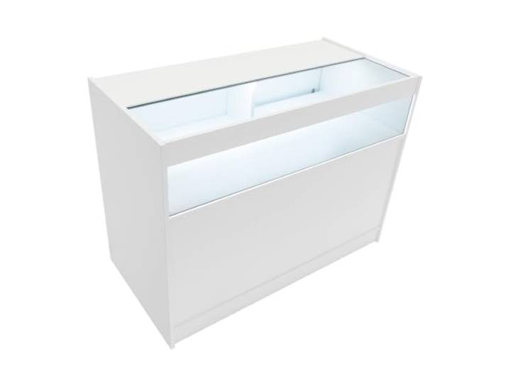 Weiße LED-Ladentheke B1200 – Abschließbare Schiebetüren I 2 Schlüssel – Verkaufs- & Aufbewahrungseinheit mit Glasvitrine – Empfangstresen für Kleidung und Schmuck – 3 Regale – Kaltweiße Beleuchtung