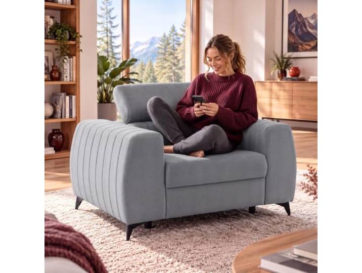 MUFFO Sessel mit verstellbarer Kopfstütze Grau Element, vertikale Nähte, T30-Schaumstoff, Wellenfedern und schwarze Metallbeine 9 cm