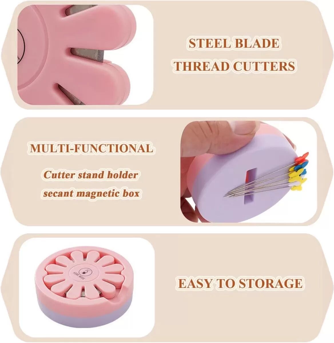 INF Blumenförmiger Magnet-Fadenabschneider mit 10 Nadeln - Pink ABS und Hochkohlenstoffstahl