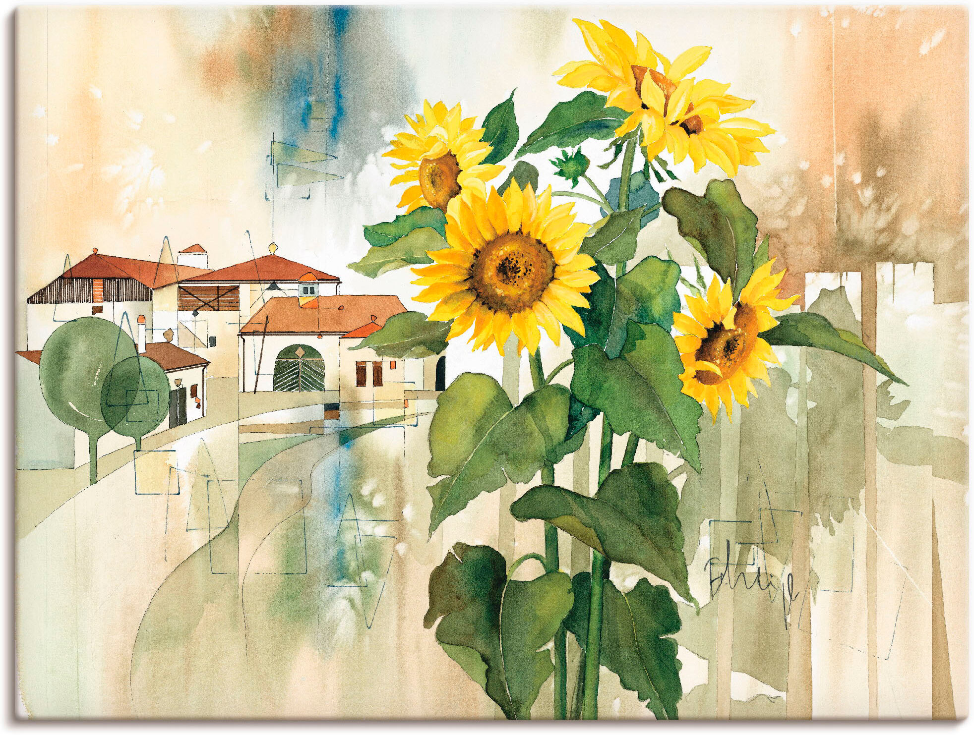 Leinwandbild ARTLAND "Gruss der Sonnenblume", gelb (farbe bild(er): gelb), B:80cm H:60cm, Bilder, Leinwandbild, auf Holzrahmen gespannt farbe bild(er): gelb B/H/T: 80cm x 60cm, Leinwandbild Blumen Querformat, 1 Stk.