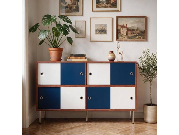FUFU&GAGA Buffet moderne avec 8 portes coulissantes pieds surélevés en métal 140x40x80 Blanc Bleu et Marron