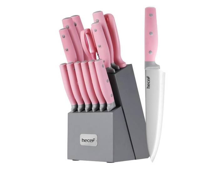 Messerblock Set 14-teilig Rosa mit Holzblock, 21.5x13x35.6 cm, Küchenzubehör, Küchenhelfer, Besteckeinsätze