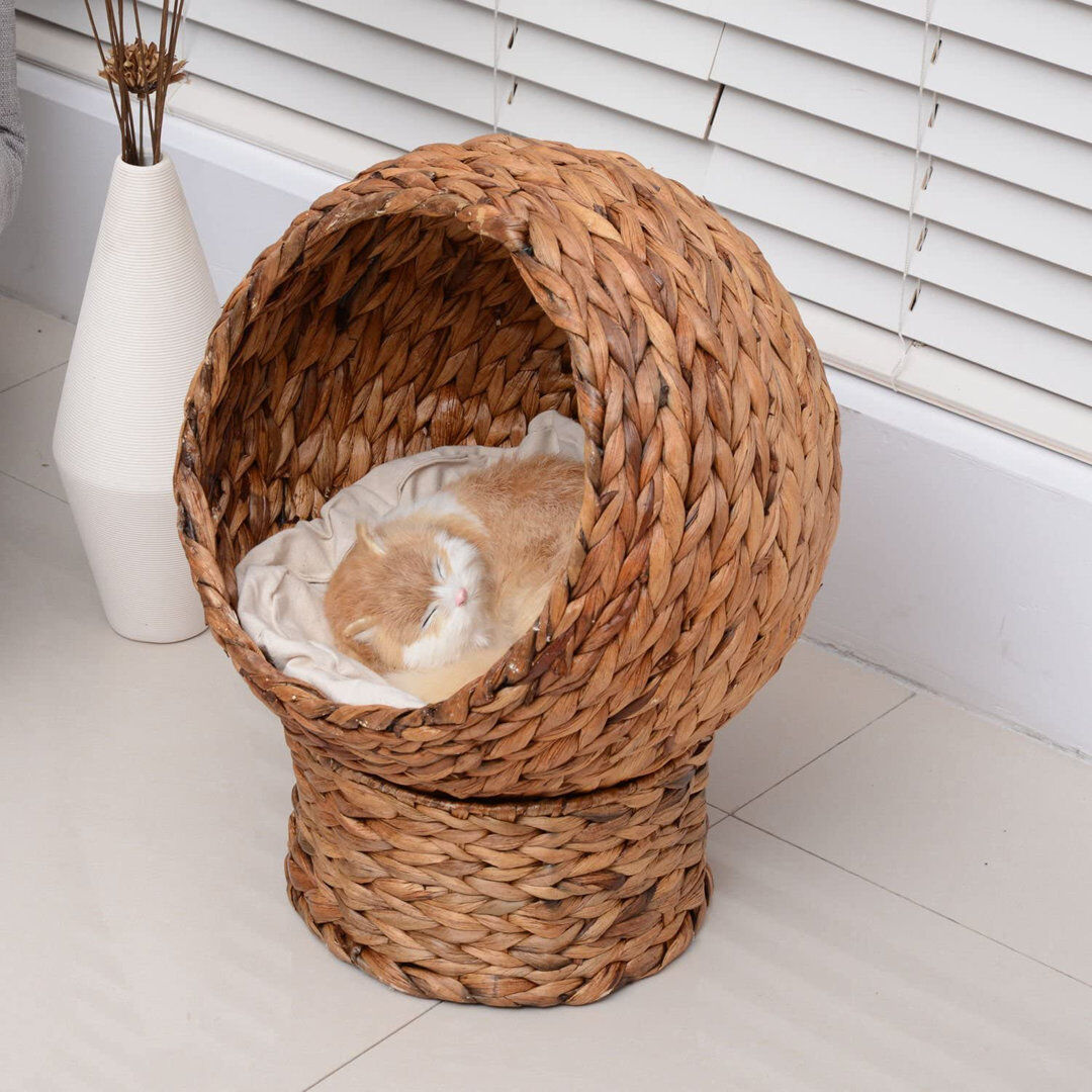 Archie & Oscar Caballero Elevated Kitten Hooded Rattan Cat House Basket Cushion Brown/Beige 60H x 50L x 42W cm
