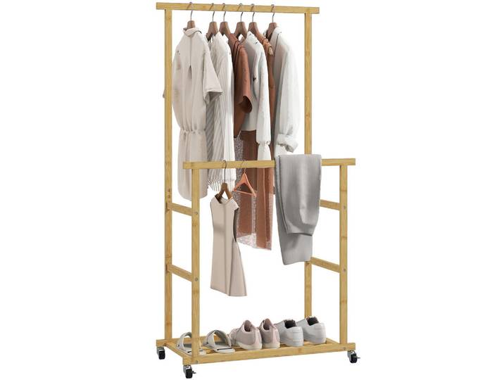 ComfortXL Kleiderständer De-17887 Doppelstange mit Rollen & Unterboden Natur, Naturfarben, Naturmaterialen, 80x160x40 cm, Garderobe, Garderobenständer