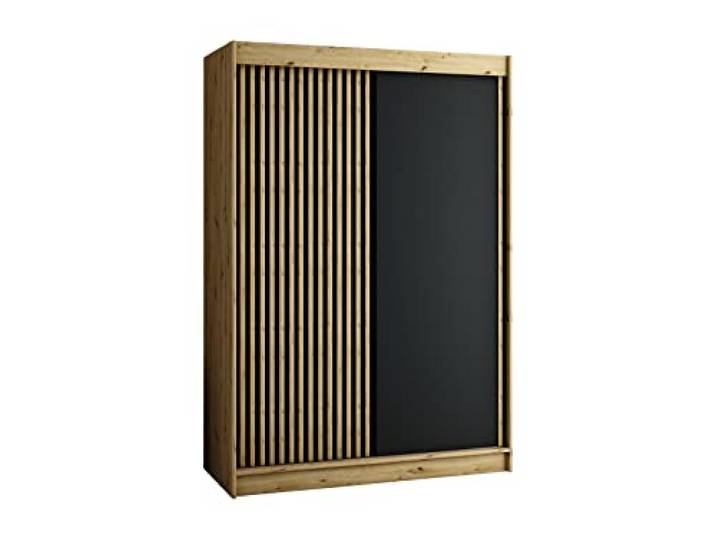 MEBLE KRYSPOL Schwebetürenschrank LAMELO mit Zierstreifen, Kleiderschrank mit 2 Kleiderstange, Modern Design (150 cm)