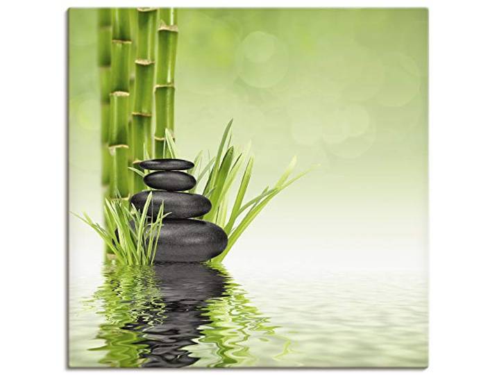 ARTLAND Wanddeko Leinwand Bilder Wandbild 70x70 cm Asien Zen Wellness Spa Wasser Bambus Steine Grün R2PR