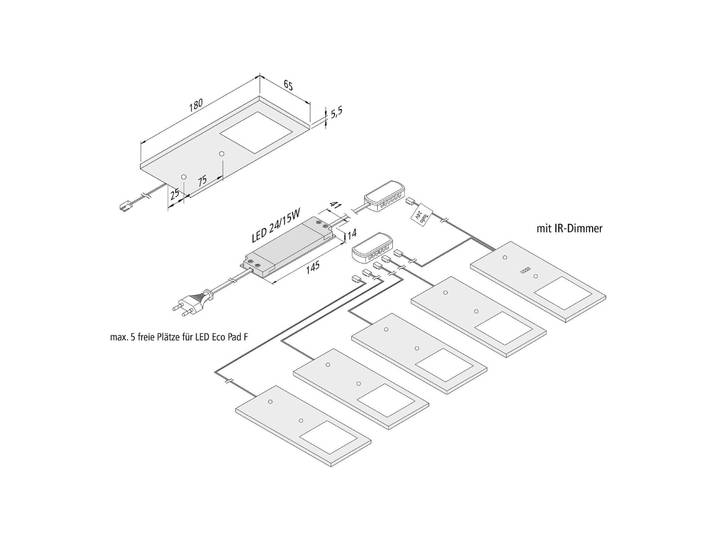 Hera LED-Unterbaulampe Eco-Pad F 5x-Set 4.000K schwarz F, dimmbar, schwarz, für Küche, Aluminium, Modern, Unterschrankleuchten