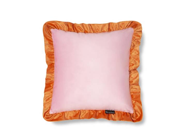 Coussin en velours avec volant plissé, orange et rose