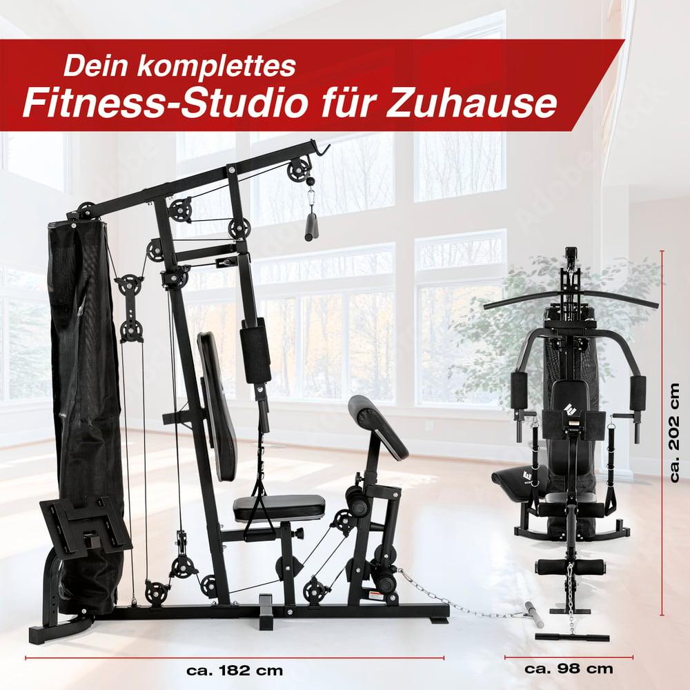 FitEngine Kraftstation Trainingsbank Heimtrainer multifunktion Fitnessstation Gym Hantelbank Fitnesscenter Metall Gewichte Homegym Klimmzugstange dips