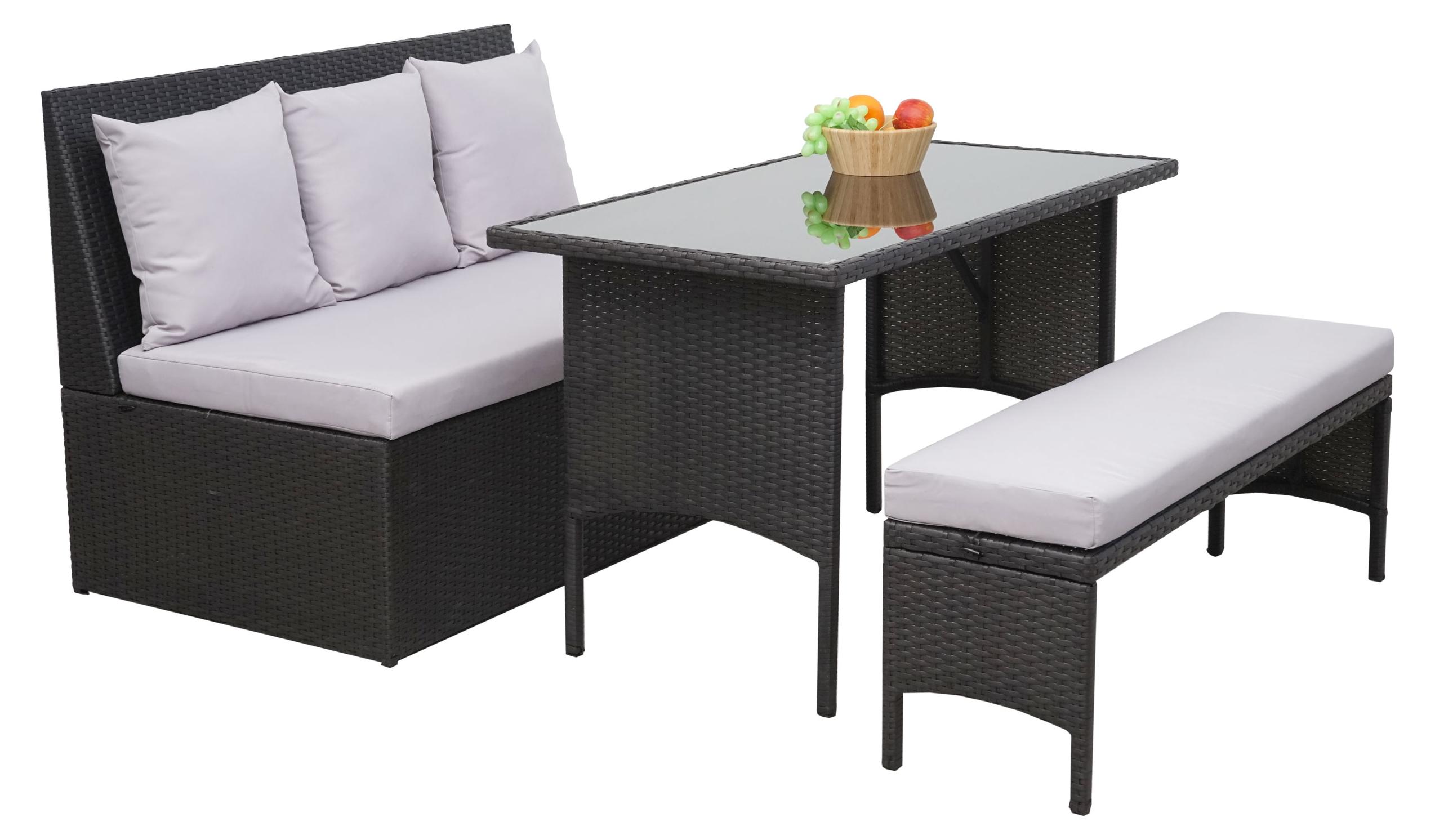 Poly-Rattan Garnitur HWC-G16, Garten-/Lounge-Set Sitzgruppe, Gastronomie 2er Sofa Tisch Bank schwarz, Kissen hellgrau