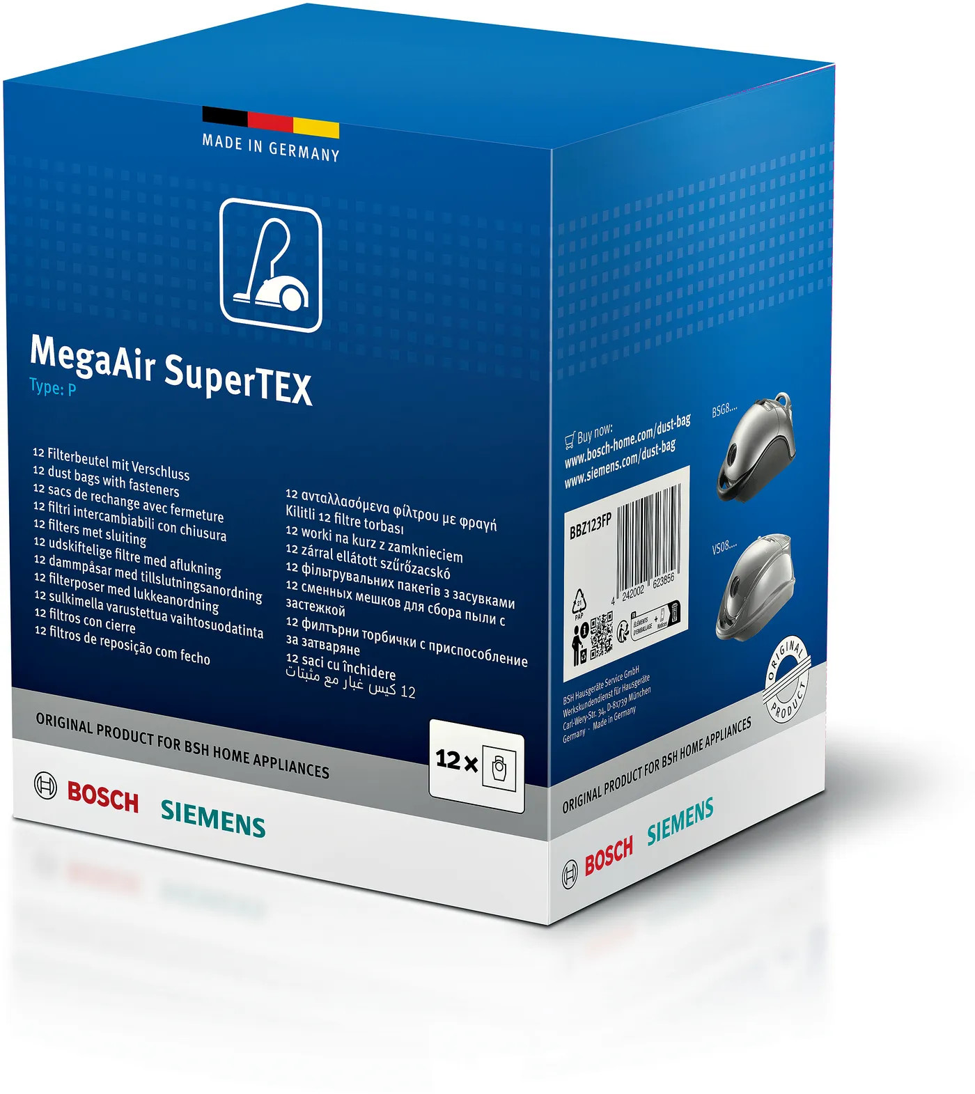 Bosch/Siemens MegaAir SuperTEX Typ P Staubsaugerbeutel + Filter (12+3) BBZ123FP