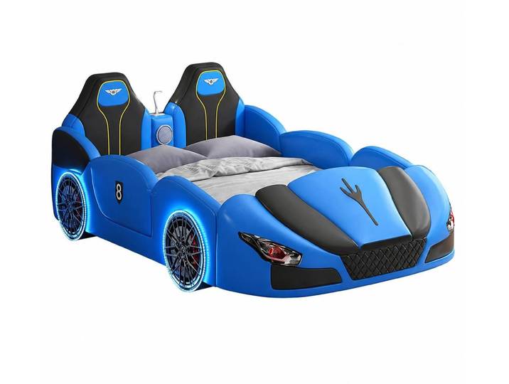 Xlmoebel Autobett Blaues Kinderbett im Auto-Design mit LED und Bluetooth-Funktion, Made in Europa