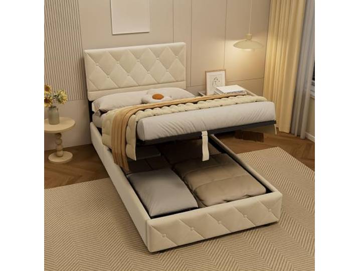 okwish Polsterbett 90x200 mit Bettkasten, Samt, Beige, ohne Matratze verstellbares Kopfteil, Lattenrost aus Holz, Ideal als Einzelbett, Jugendbett und Stauraumbett