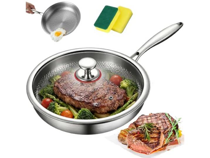 bihtfu Nakoz Pfanne 304 Titan, Nakoz Titan Bratpfanne, Unbeschichtete Antihaft Pfanne, Kratzfest, für alle Herdtypen inkl. Induktion, Robuste Bratpfanne (With Lid,32cm)