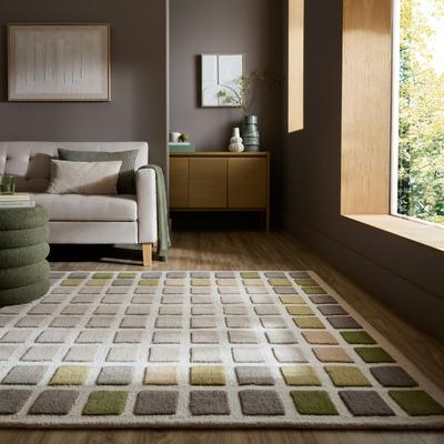 Wollteppich FLAIR RUGS "RENGA", bunt (grün), B:200cm H:10mm L:290cm Ø:24cm, Wolle, Teppiche, 100% Wolle, Modernes Karomuster mit 3D-Effekt