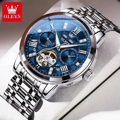 Inspired Finds OLEVS Skeleton Flywheel Automatic Mechanical Watch For Men blue