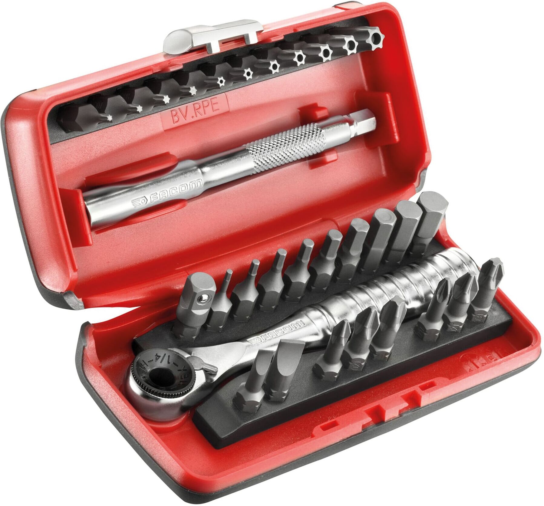 Facom Sortiment 1/4" - Antriebselemente, Bithalter, Bits Serie 1, Umschaltknarre ultrakompakter Kasten, 41-tlg. (R.PEJ31)