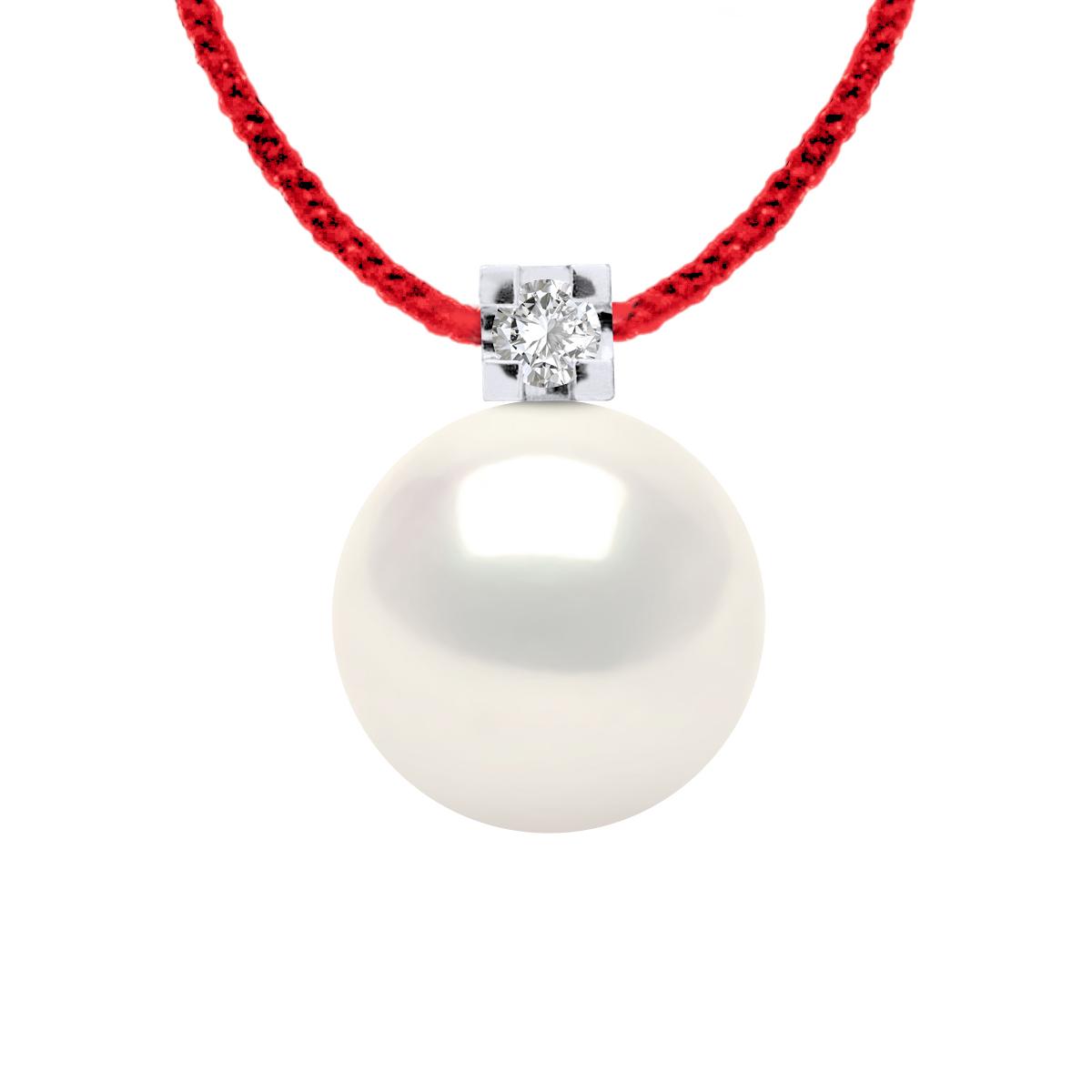 Diamond Necklace Natural 0.030 Cts en Freshwater Pearl Ronde 8-9 mm Link Nylon Red 925