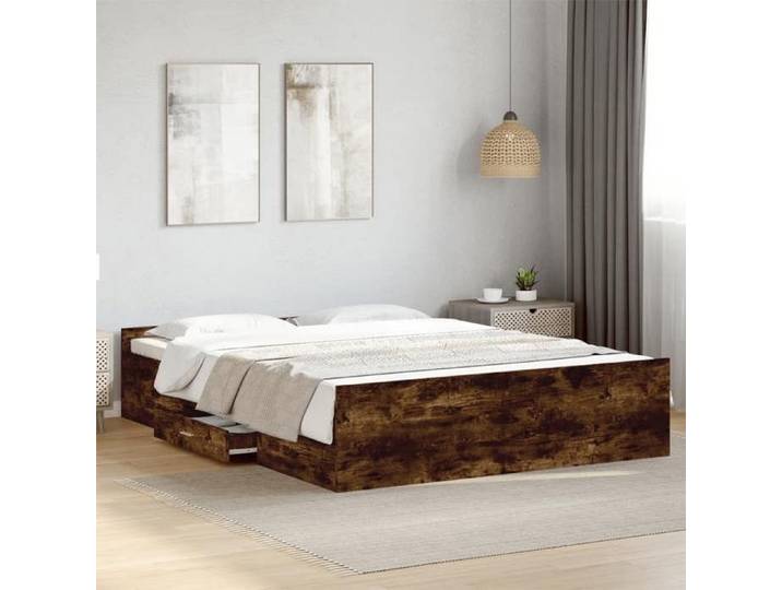 Cadre de lit et tiroirs chêne fumé 150x200 cm bois d'ingénierie lit lit de rangement cadre de lit double lit 3280290