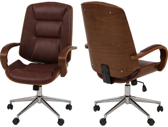 Bürostuhl HWC-O83, Drehstuhl Chefsessel, Kunstleder (280g/m²) Bugholz - Walnuss-Optik rotbraun