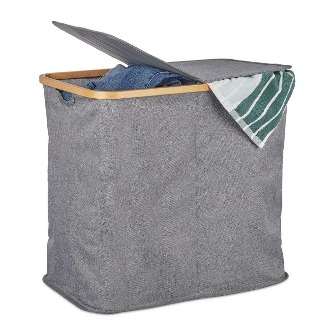 Relaxdays Dubbele wasmand met deksel, bamboe en textiel, grijs/bruin, 74 liter