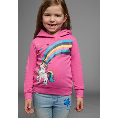 Langarmshirt KIDSWORLD "mit EINHORN Regenbogen", Mädchen, Gr. 140/146, pink, Jersey, Obermaterial: 100% Baumwolle, bedruckt, Basic hüftlang, Bündchen, Shirts Langarmshirt, Einhorn-Druck, Langarm, Basic-Passform, aus Baumwolle
