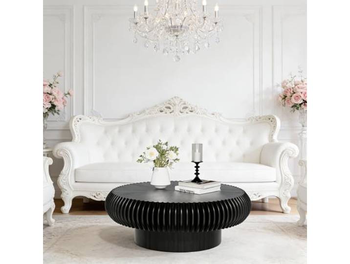 YYZIWYUN Einzigartiger Runder Couchtisch Mit Rillenmuster Trommelförmiger Couchtisch Im Mid-Century-Modern-Stil Runder Boho-Beistelltisch/Couchtisch Für Wohnzimmer Und Homeoffice,Black small