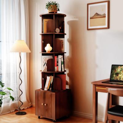 Kodotan sofa Rotating Bookshelf,360 Degree Display 5 Tier Corner Bookshelf With Drawer For Small Space, Floor Standing Bookcase Storage Rack