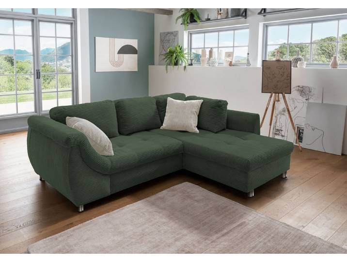 freiraum Polsterecke Allin, Bettfunktion, moosgrün / silber, Cord - 250x66x190cm (BxHxT)