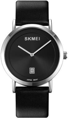 Everyday Crate SKMEI 1907 Men Waterproof Quartz Watch Elegant Genuine Leather Strap Casual Analog Wristwatch silver